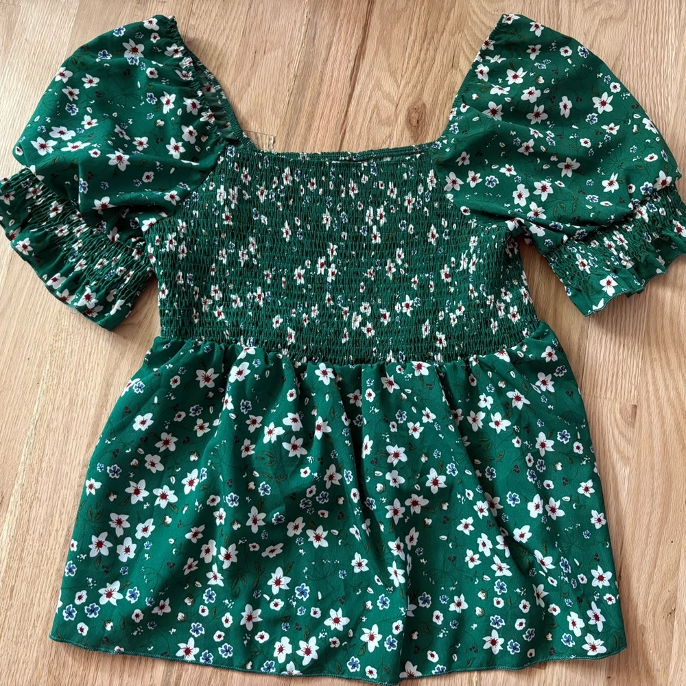 SHEIN Green Floral Smocked Blouse